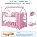 DICTAC | Twin Over Twin House Bunk Bed with Storage Drawers, Montessori Bookshelf & Globe String Lights, Metal Low Bunk Bed for Kids with Guardrail & Ladder, Black/White/Pink