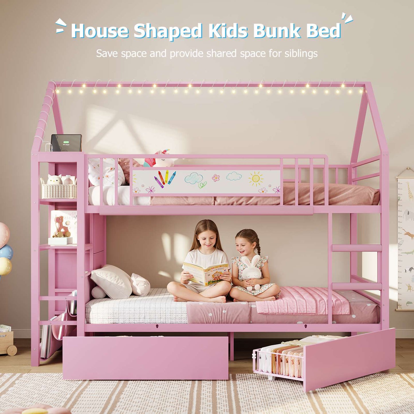 DICTAC | Twin Over Twin House Bunk Bed with Storage Drawers, Montessori Bookshelf & Globe String Lights, Metal Low Bunk Bed for Kids with Guardrail & Ladder, Black/White/Pink
