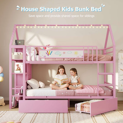 DICTAC | Twin Over Twin House Bunk Bed with Storage Drawers, Montessori Bookshelf & Globe String Lights, Metal Low Bunk Bed for Kids with Guardrail & Ladder, Black/White/Pink