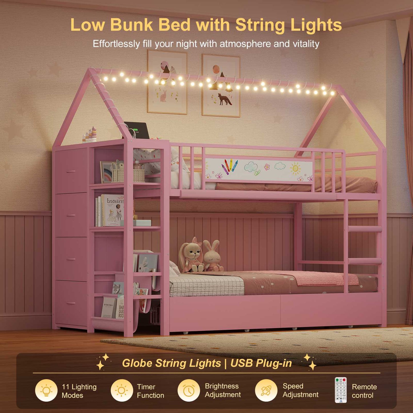 DICTAC | Twin Over Twin House Bunk Bed with Storage Drawers, Montessori Bookshelf & Globe String Lights, Metal Low Bunk Bed for Kids with Guardrail & Ladder, Black/White/Pink