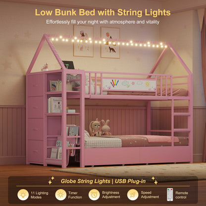 DICTAC | Twin Over Twin House Bunk Bed with Storage Drawers, Montessori Bookshelf & Globe String Lights, Metal Low Bunk Bed for Kids with Guardrail & Ladder, Black/White/Pink