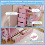 DICTAC | Twin Over Twin House Bunk Bed with Storage Drawers, Montessori Bookshelf & Globe String Lights, Metal Low Bunk Bed for Kids with Guardrail & Ladder, Black/White/Pink