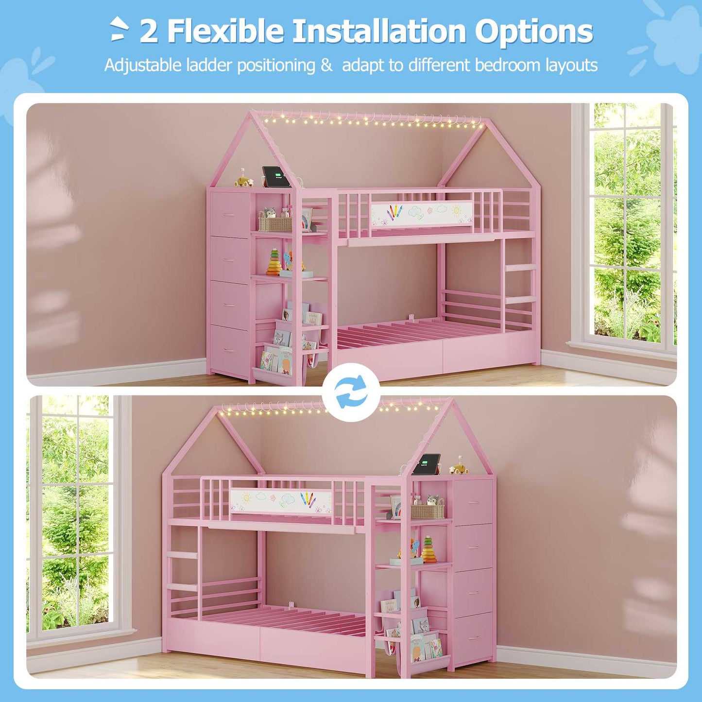 DICTAC | Twin Over Twin House Bunk Bed with Storage Drawers, Montessori Bookshelf & Globe String Lights, Metal Low Bunk Bed for Kids with Guardrail & Ladder, Black/White/Pink