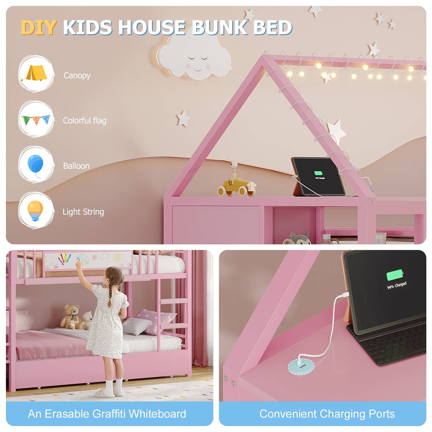 DICTAC | Twin Over Twin House Bunk Bed with Storage Drawers, Montessori Bookshelf & Globe String Lights, Metal Low Bunk Bed for Kids with Guardrail & Ladder, Black/White/Pink