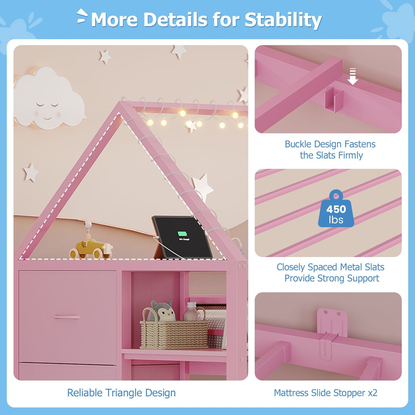 DICTAC | Twin Over Twin House Bunk Bed with Storage Drawers, Montessori Bookshelf & Globe String Lights, Metal Low Bunk Bed for Kids with Guardrail & Ladder, Black/White/Pink