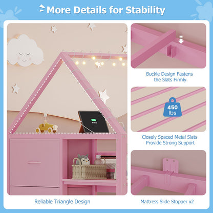 DICTAC | Twin Over Twin House Bunk Bed with Storage Drawers, Montessori Bookshelf & Globe String Lights, Metal Low Bunk Bed for Kids with Guardrail & Ladder, Black/White/Pink