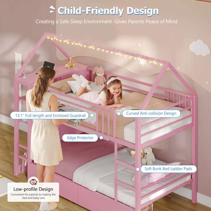 DICTAC | Twin Over Twin House Bunk Bed with Storage Drawers, Montessori Bookshelf & Globe String Lights, Metal Low Bunk Bed for Kids with Guardrail & Ladder, Black/White/Pink