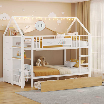 DICTAC | Twin Over Twin House Bunk Bed with Storage Drawers, Montessori Bookshelf & Globe String Lights, Metal Low Bunk Bed for Kids with Guardrail & Ladder, Black/White/Pink