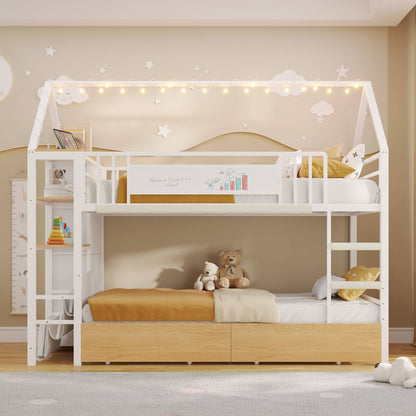 DICTAC | Twin Over Twin House Bunk Bed with Storage Drawers, Montessori Bookshelf & Globe String Lights, Metal Low Bunk Bed for Kids with Guardrail & Ladder, Black/White/Pink