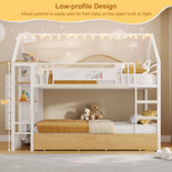 DICTAC | Twin Over Twin House Bunk Bed with Storage Drawers, Montessori Bookshelf & Globe String Lights, Metal Low Bunk Bed for Kids with Guardrail & Ladder, Black/White/Pink