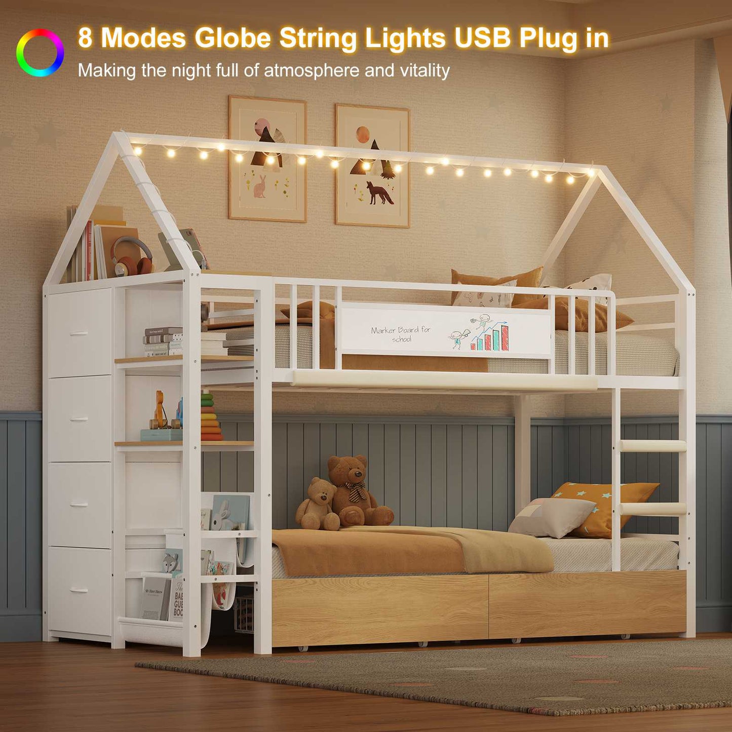 DICTAC | Twin Over Twin House Bunk Bed with Storage Drawers, Montessori Bookshelf & Globe String Lights, Metal Low Bunk Bed for Kids with Guardrail & Ladder, Black/White/Pink
