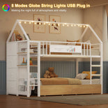 DICTAC | Twin Over Twin House Bunk Bed with Storage Drawers, Montessori Bookshelf & Globe String Lights, Metal Low Bunk Bed for Kids with Guardrail & Ladder, Black/White/Pink