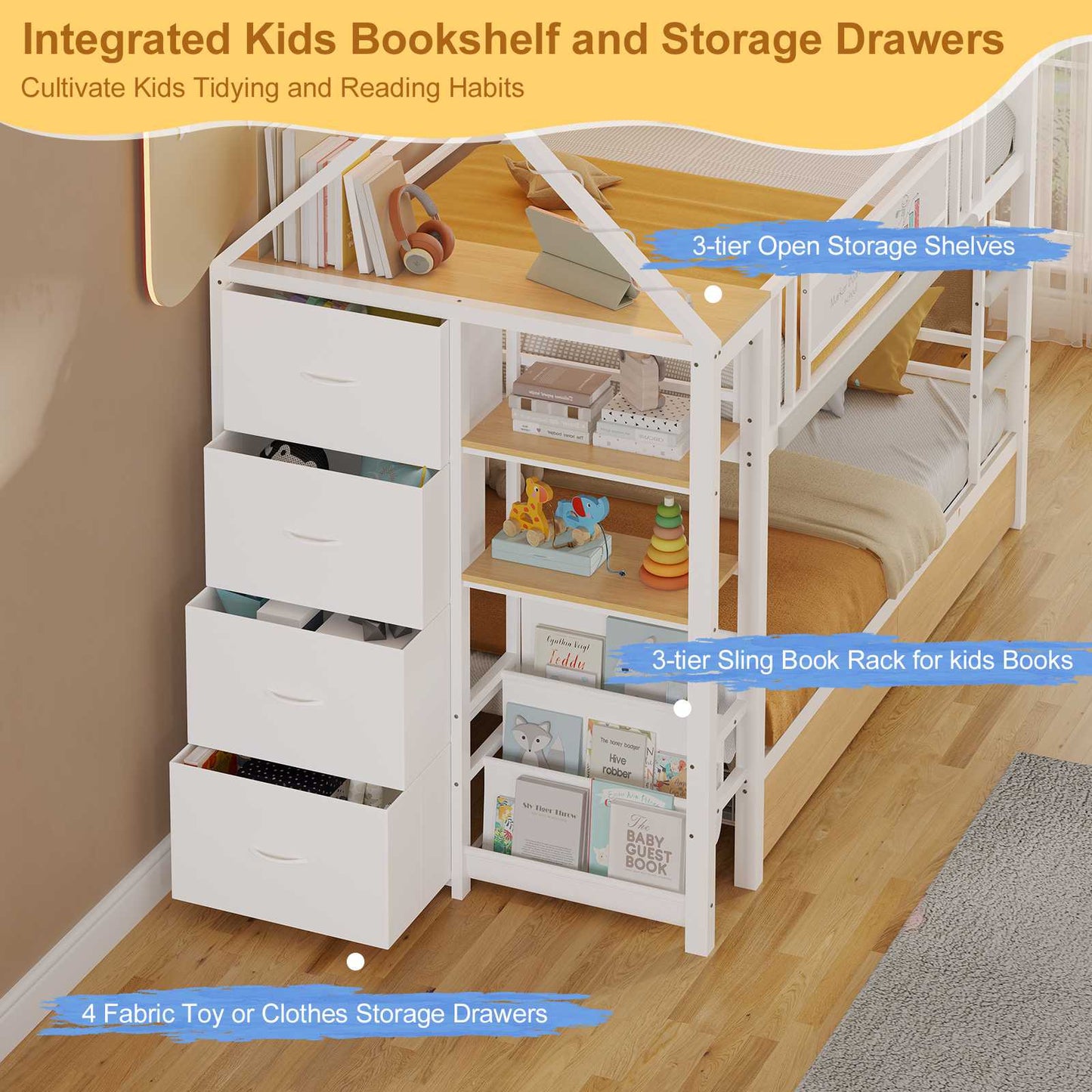 DICTAC | Twin Over Twin House Bunk Bed with Storage Drawers, Montessori Bookshelf & Globe String Lights, Metal Low Bunk Bed for Kids with Guardrail & Ladder, Black/White/Pink