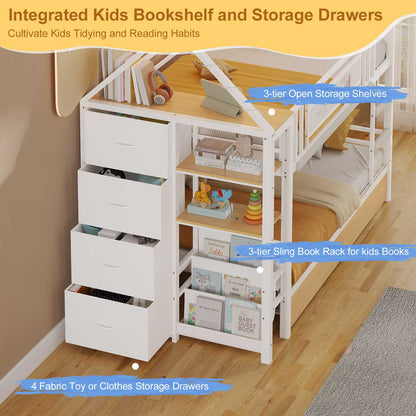 DICTAC | Twin Over Twin House Bunk Bed with Storage Drawers, Montessori Bookshelf & Globe String Lights, Metal Low Bunk Bed for Kids with Guardrail & Ladder, Black/White/Pink