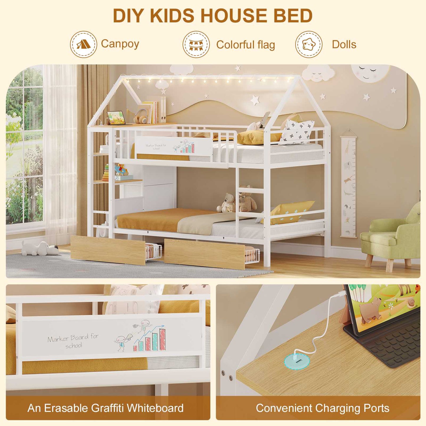 DICTAC | Twin Over Twin House Bunk Bed with Storage Drawers, Montessori Bookshelf & Globe String Lights, Metal Low Bunk Bed for Kids with Guardrail & Ladder, Black/White/Pink