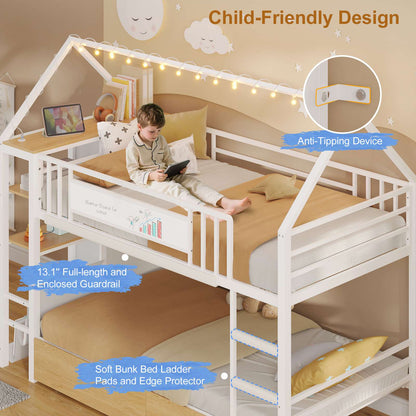 DICTAC | Twin Over Twin House Bunk Bed with Storage Drawers, Montessori Bookshelf & Globe String Lights, Metal Low Bunk Bed for Kids with Guardrail & Ladder, Black/White/Pink