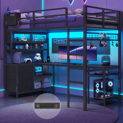 DICTAC | Twin Loft Bed with L-Shaped Gaming Desk, Glass Cabinet, Storage Drawers, LED Lights & Charging Station (White/Black)