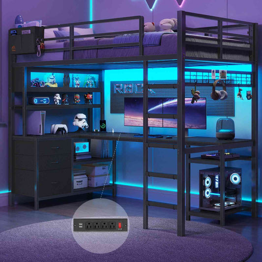 DICTAC | Twin Loft Bed with L-Shaped Gaming Desk, Glass Cabinet, Storage Drawers, LED Lights & Charging Station (White/Black)