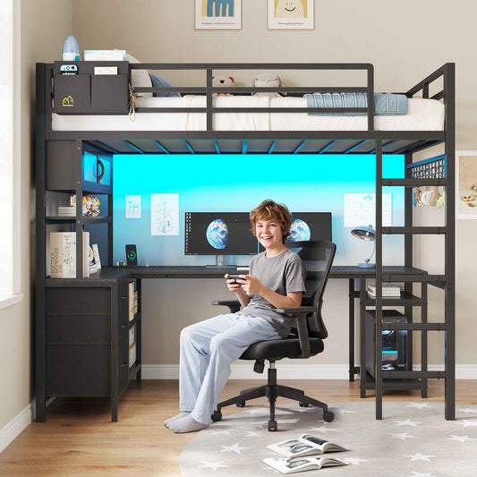 DICTAC | Twin Loft Bed with L-Shaped Gaming Desk, Glass Cabinet, Storage Drawers, LED Lights & Charging Station (White/Black)