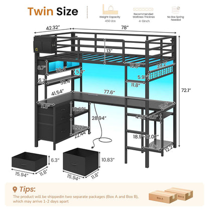 DICTAC | Twin Loft Bed with L-Shaped Gaming Desk, Glass Cabinet, Storage Drawers, LED Lights & Charging Station (White/Black)