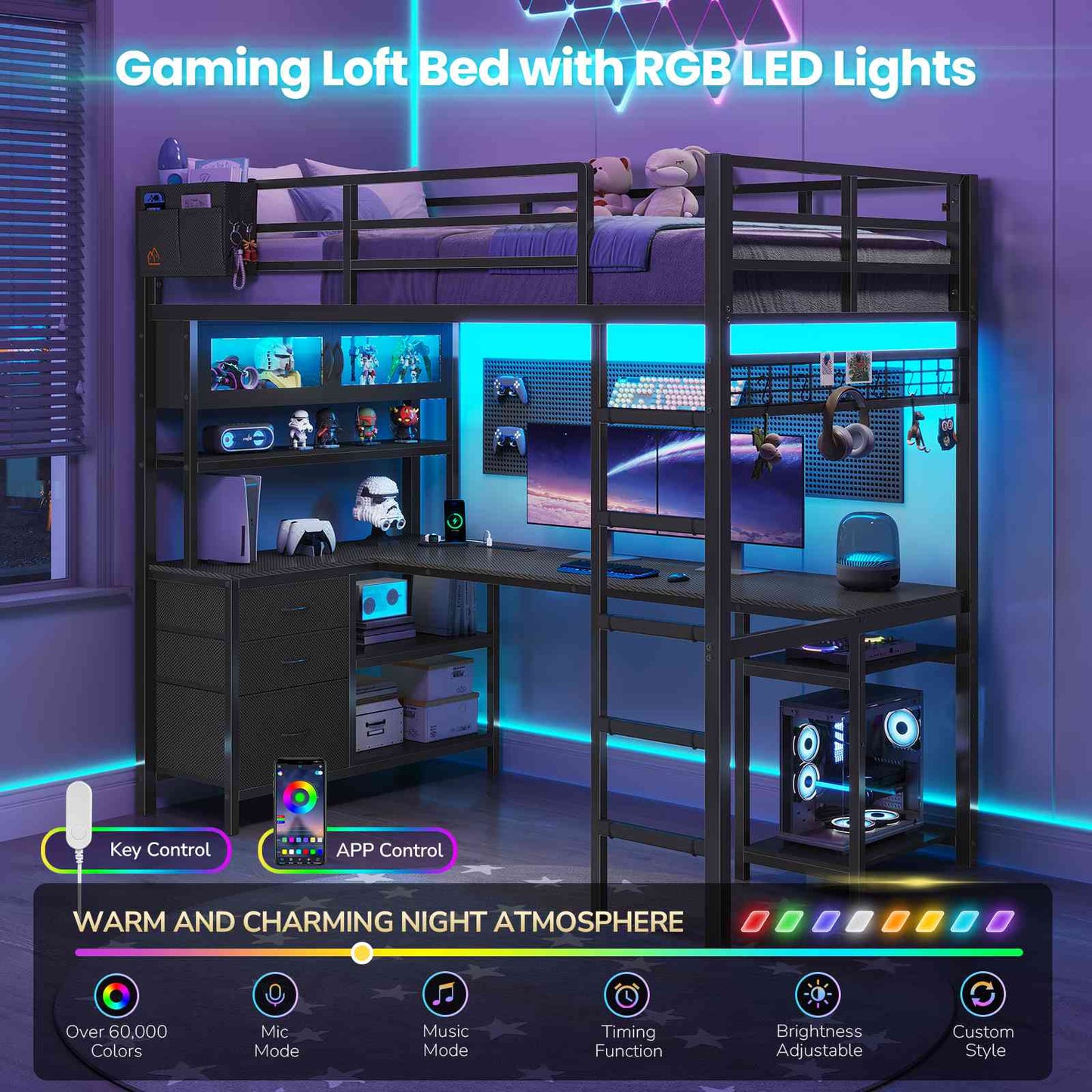 DICTAC | Twin Loft Bed with L-Shaped Gaming Desk, Glass Cabinet, Storage Drawers, LED Lights & Charging Station (White/Black)