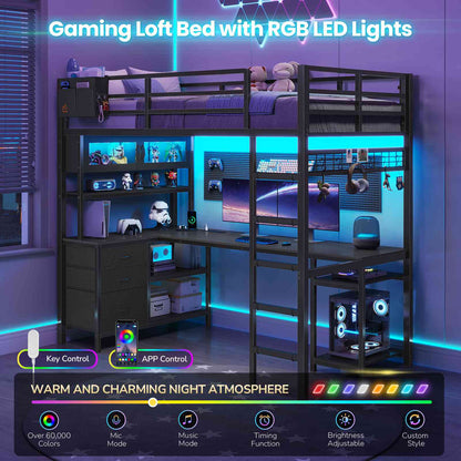 DICTAC | Twin Loft Bed with L-Shaped Gaming Desk, Glass Cabinet, Storage Drawers, LED Lights & Charging Station (White/Black)