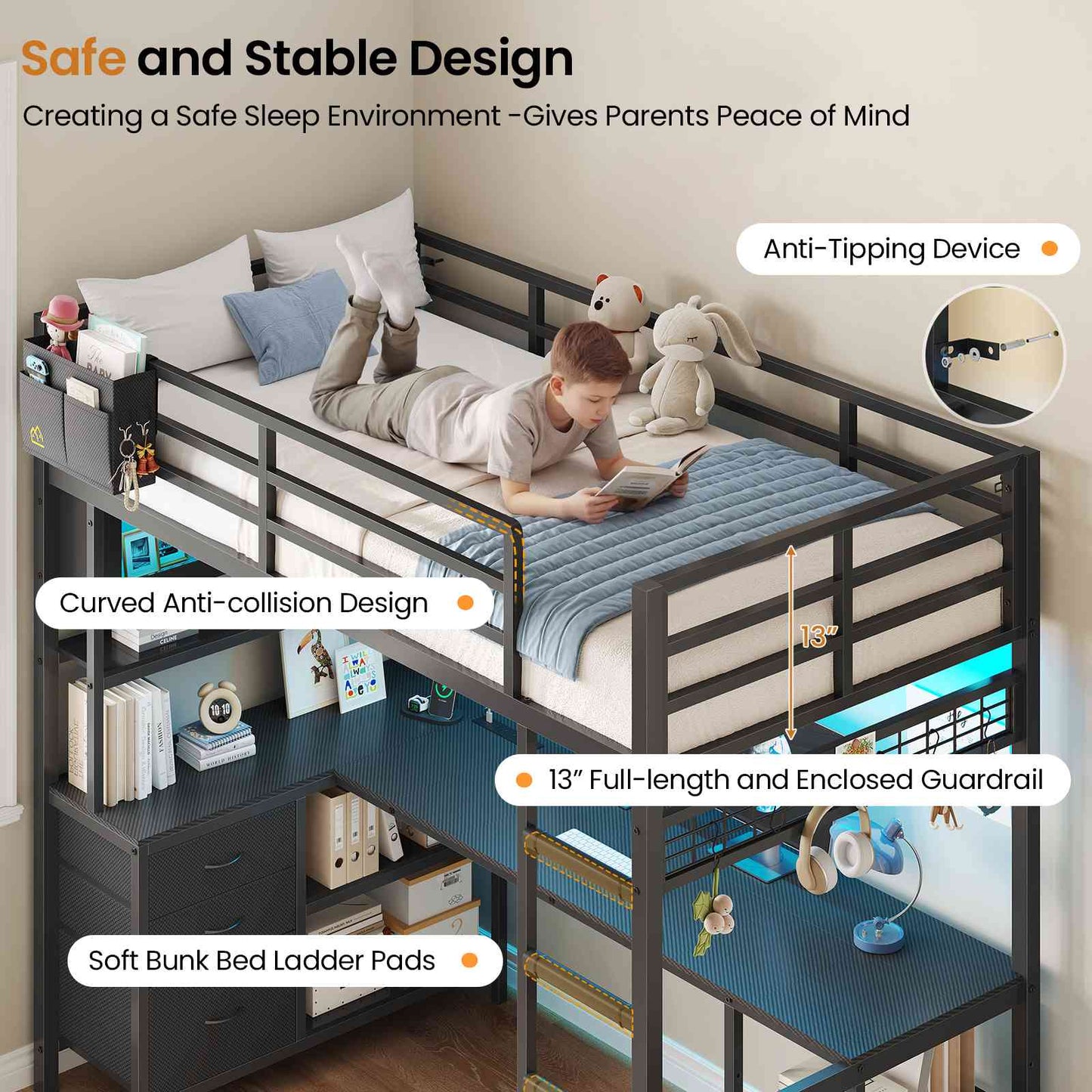DICTAC | Twin Loft Bed with L-Shaped Gaming Desk, Glass Cabinet, Storage Drawers, LED Lights & Charging Station (White/Black)