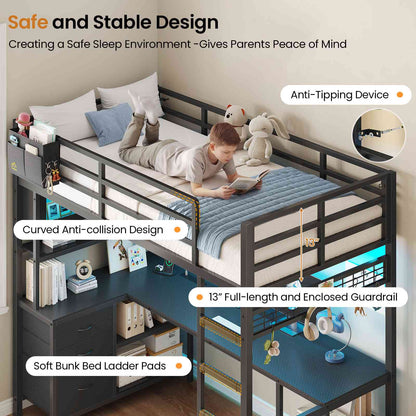 DICTAC | Twin Loft Bed with L-Shaped Gaming Desk, Glass Cabinet, Storage Drawers, LED Lights & Charging Station (White/Black)