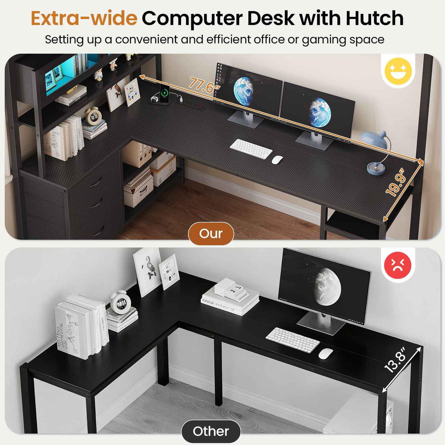 DICTAC | Twin Loft Bed with L-Shaped Gaming Desk, Glass Cabinet, Storage Drawers, LED Lights & Charging Station (White/Black)