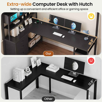 DICTAC | Twin Loft Bed with L-Shaped Gaming Desk, Glass Cabinet, Storage Drawers, LED Lights & Charging Station (White/Black)