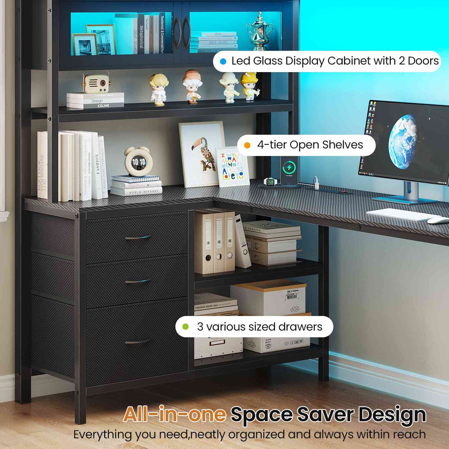 DICTAC | Twin Loft Bed with L-Shaped Gaming Desk, Glass Cabinet, Storage Drawers, LED Lights & Charging Station (White/Black)