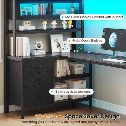 DICTAC | Twin Loft Bed with L-Shaped Gaming Desk, Glass Cabinet, Storage Drawers, LED Lights & Charging Station (White/Black)