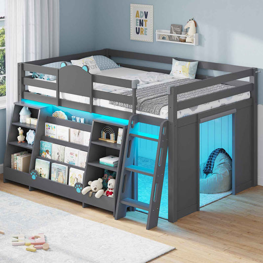 DICTAC |  Twin Low Loft Bed with Bookshelf, Toy Storage & LED Lights - Grey