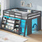 DICTAC | Twin Low Loft Bed with 11 Storage Drawers, Rolling Storage Cart, Bookshelf, Upholstered Headboard & LED Lights, White Kids Loft Bed with Safety Guardrail, Black