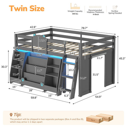 DICTAC | Twin Low Loft Bed with 11 Storage Drawers, Rolling Storage Cart, Bookshelf, Upholstered Headboard & LED Lights, White Kids Loft Bed with Safety Guardrail, Black
