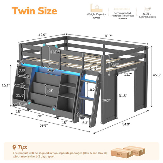 DICTAC |  Twin Low Loft Bed with Bookshelf, Toy Storage & LED Lights - Grey