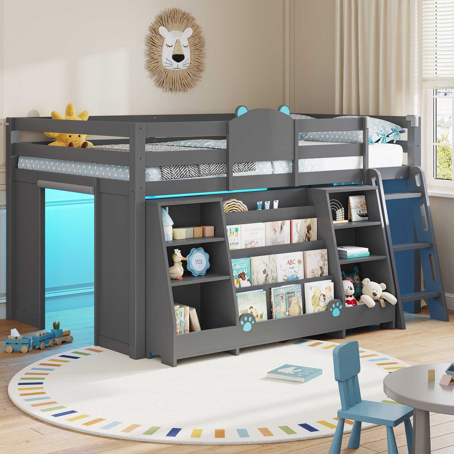 DICTAC | Twin Low Loft Bed with 11 Storage Drawers, Rolling Storage Cart, Bookshelf, Upholstered Headboard & LED Lights, White Kids Loft Bed with Safety Guardrail, Black