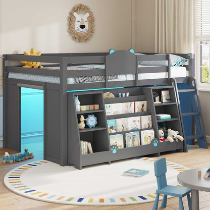 DICTAC | Twin Low Loft Bed with 11 Storage Drawers, Rolling Storage Cart, Bookshelf, Upholstered Headboard & LED Lights, White Kids Loft Bed with Safety Guardrail, Black