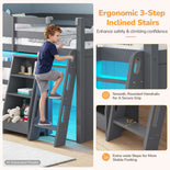 DICTAC |  Twin Low Loft Bed with Bookshelf, Toy Storage & LED Lights - Grey