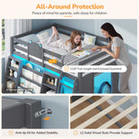 DICTAC |  Twin Low Loft Bed with Bookshelf, Toy Storage & LED Lights - Grey
