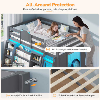 DICTAC | Twin Low Loft Bed with 11 Storage Drawers, Rolling Storage Cart, Bookshelf, Upholstered Headboard & LED Lights, White Kids Loft Bed with Safety Guardrail, Black