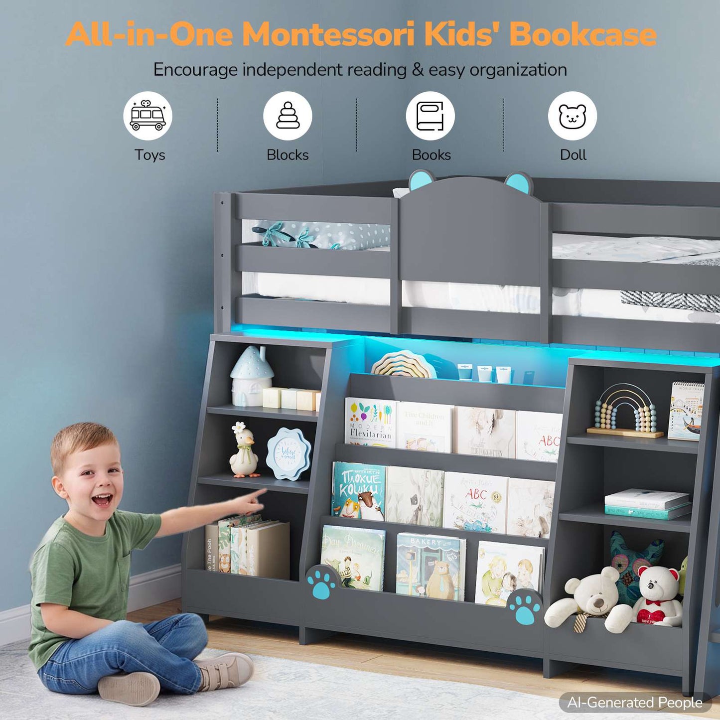DICTAC | Twin Low Loft Bed with 11 Storage Drawers, Rolling Storage Cart, Bookshelf, Upholstered Headboard & LED Lights, White Kids Loft Bed with Safety Guardrail, Black