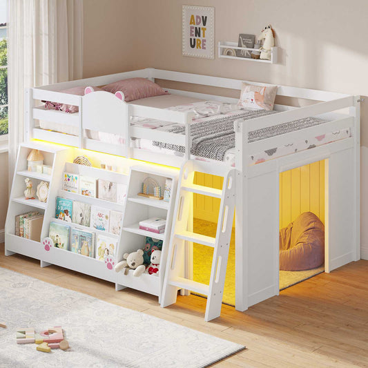 DICTAC |  Twin Low Loft Bed with Bookshelf, Toy Storage & LED Lights  - White