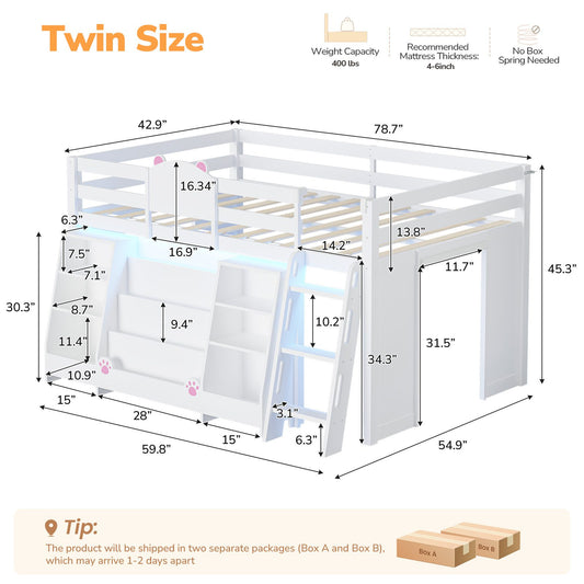 DICTAC |  Twin Low Loft Bed with Bookshelf, Toy Storage & LED Lights  - White