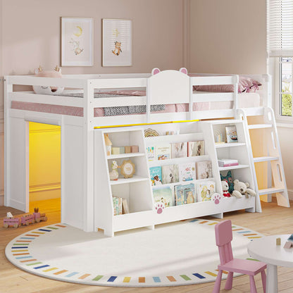 DICTAC | Twin Low Loft Bed with 11 Storage Drawers, Rolling Storage Cart, Bookshelf, Upholstered Headboard & LED Lights, White Kids Loft Bed with Safety Guardrail, White