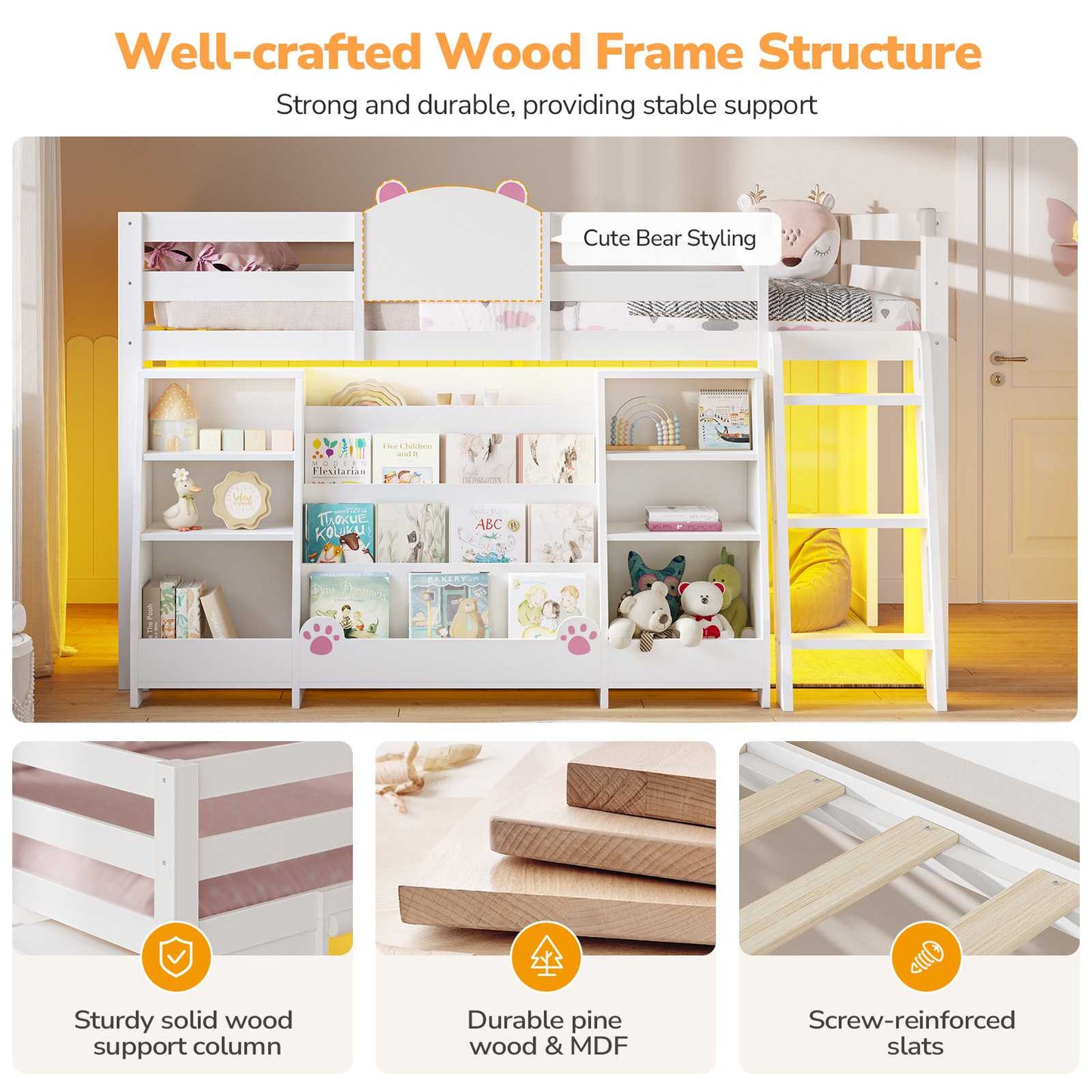 DICTAC | Twin Low Loft Bed with 11 Storage Drawers, Rolling Storage Cart, Bookshelf, Upholstered Headboard & LED Lights, White Kids Loft Bed with Safety Guardrail, White