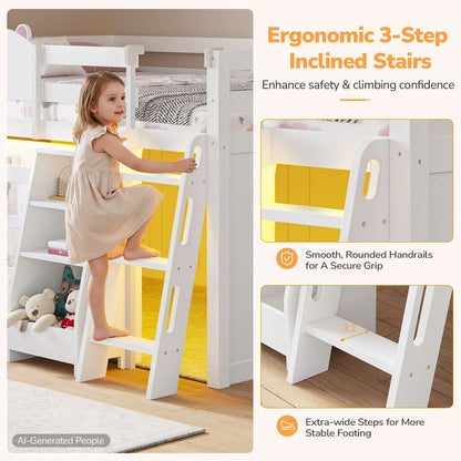DICTAC | Twin Low Loft Bed with 11 Storage Drawers, Rolling Storage Cart, Bookshelf, Upholstered Headboard & LED Lights, White Kids Loft Bed with Safety Guardrail, White