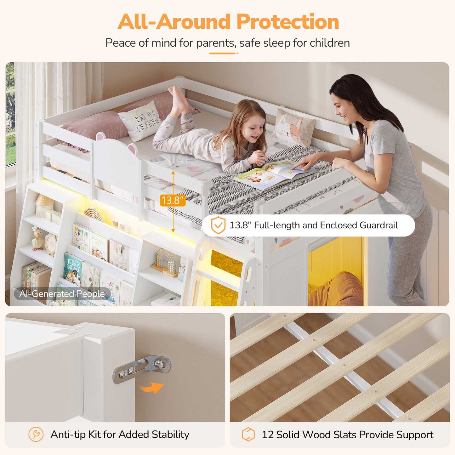 DICTAC | Twin Low Loft Bed with 11 Storage Drawers, Rolling Storage Cart, Bookshelf, Upholstered Headboard & LED Lights, White Kids Loft Bed with Safety Guardrail, White