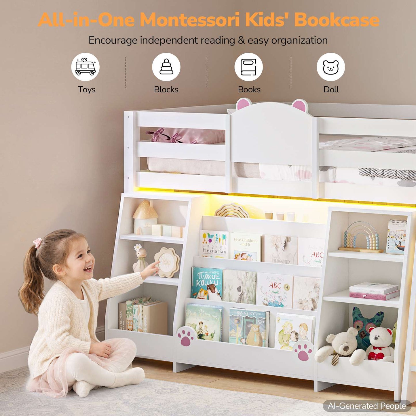 DICTAC | Twin Low Loft Bed with 11 Storage Drawers, Rolling Storage Cart, Bookshelf, Upholstered Headboard & LED Lights, White Kids Loft Bed with Safety Guardrail, White