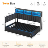 DICTAC | Twin Corner Bed with Hydraulic Storage, Bookcase, Charging Station & LED Lights - Black